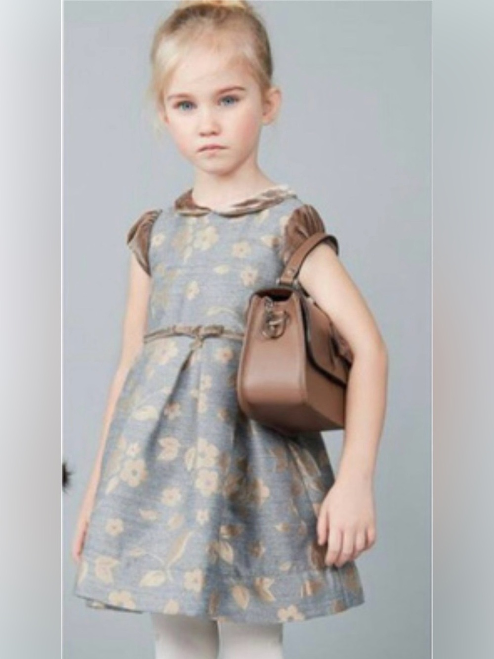 Monnnalisa Girls Velvet Bow Belted Brocade/Jacquard Wool Dress, Gray/Gold, 6Y
